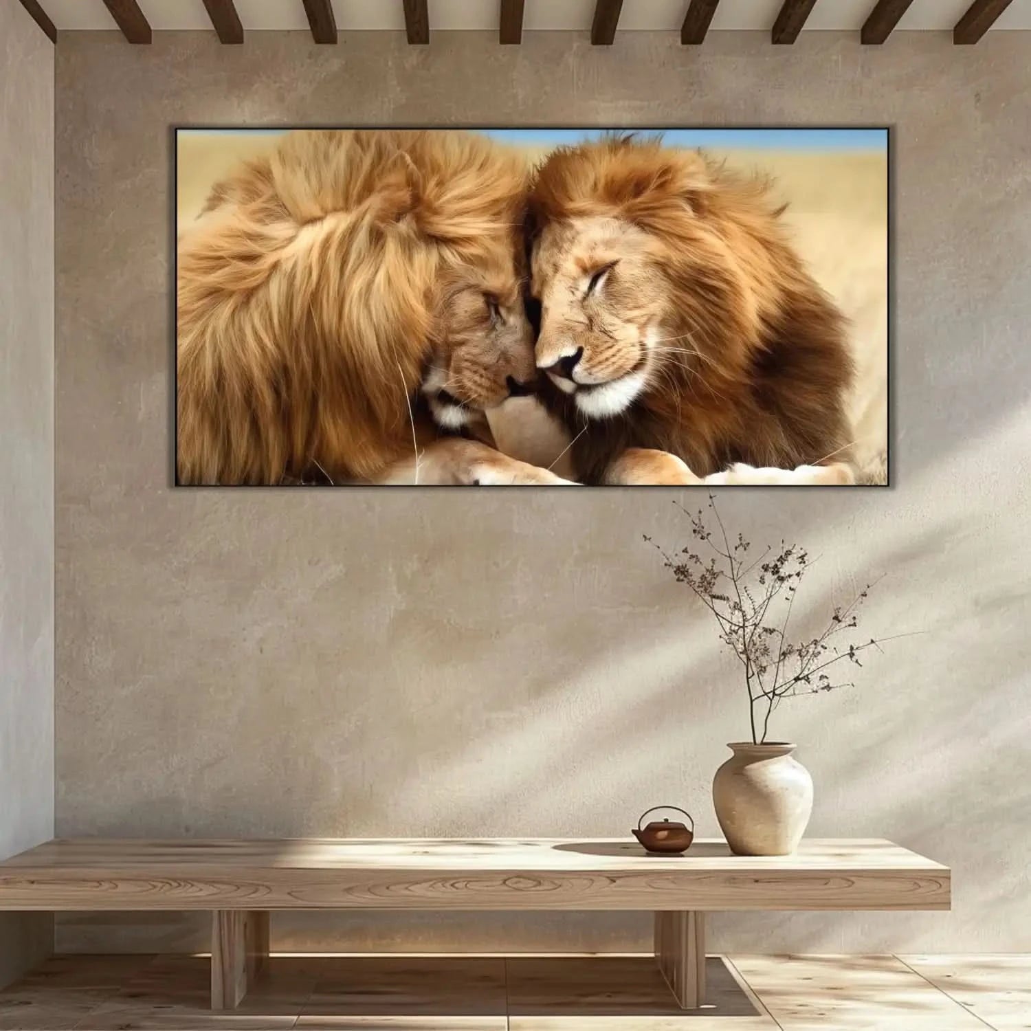 Deux lions aux crinières dorées, tête contre tête, évoquant tendresse et sérénité, idéal pour salon ou chambre.