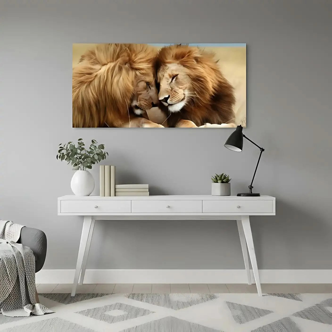 Deux lions aux crinières dorées, tête contre tête, évoquant tendresse et sérénité, idéal pour salon ou chambre.