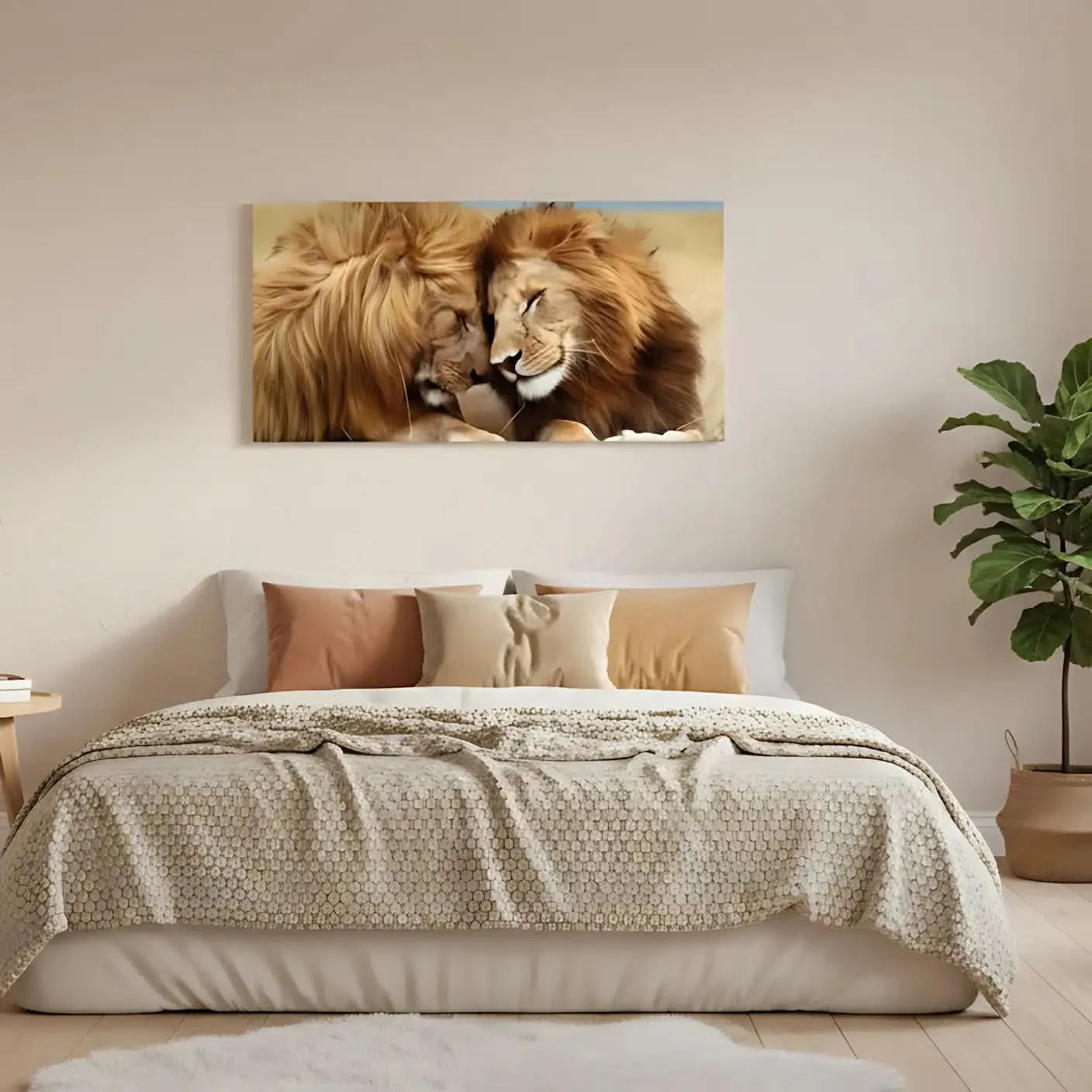 Deux lions aux crinières dorées, tête contre tête, évoquant tendresse et sérénité, idéal pour salon ou chambre.