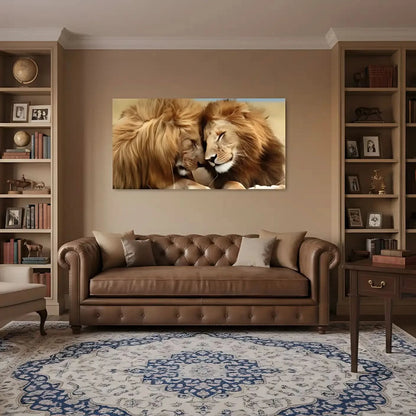 Deux lions aux crinières dorées, tête contre tête, évoquant tendresse et sérénité, idéal pour salon ou chambre.