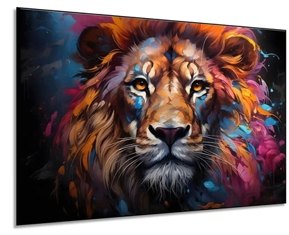 Tableau vibrant d'un lion avec crinière multicolore, bleu, orange et rose, idéal pour salon moderne ou bureau.