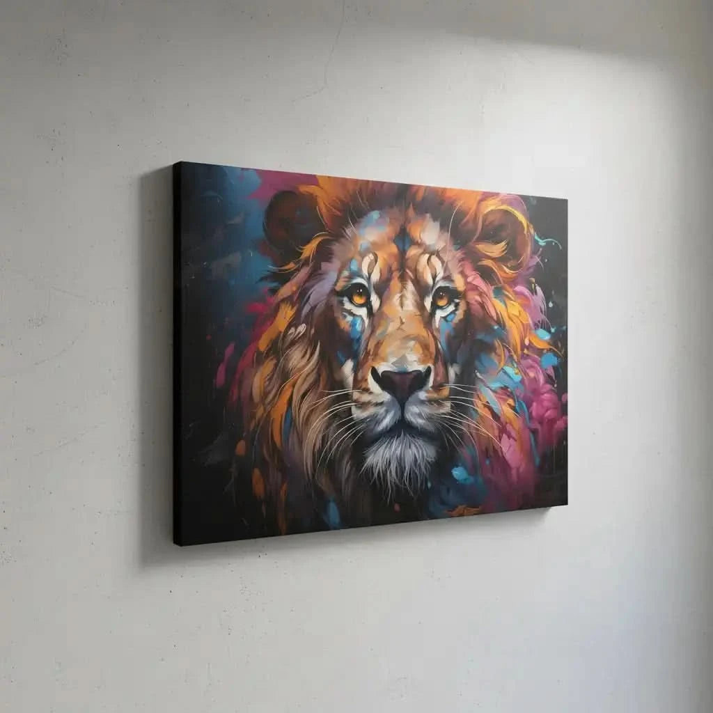Tableau vibrant d'un lion avec crinière multicolore, bleu, orange et rose, idéal pour salon moderne ou bureau.