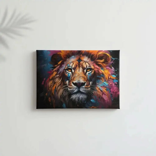 Tableau vibrant d'un lion avec crinière multicolore, bleu, orange et rose, idéal pour salon moderne ou bureau.