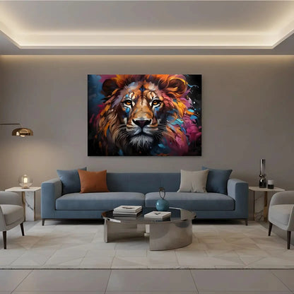 Tableau vibrant d'un lion avec crinière multicolore, bleu, orange et rose, idéal pour salon moderne ou bureau.