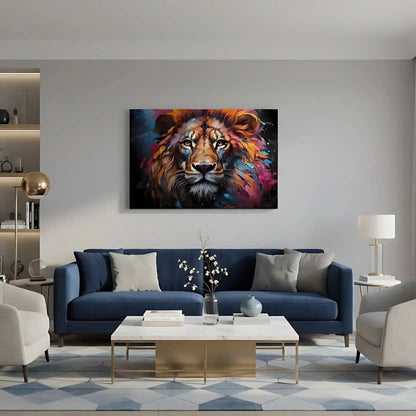 Tableau vibrant d'un lion avec crinière multicolore, bleu, orange et rose, idéal pour salon moderne ou bureau.