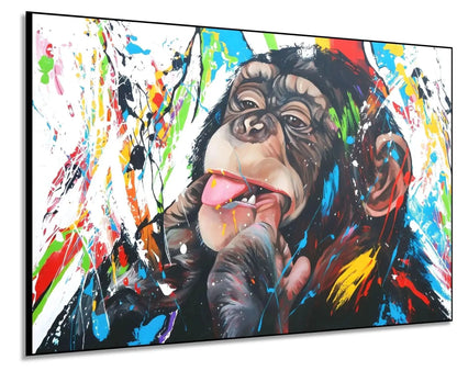 Toile Pop Art avec singe espiègle, éclaboussures multicolores, ambiance joyeuse pour salon moderne ou chambre d'enfant.