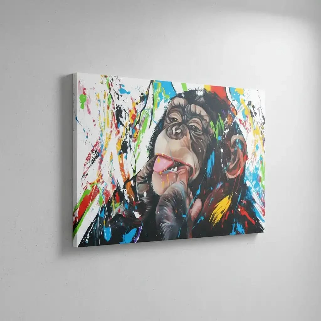 Toile Pop Art avec singe espiègle, éclaboussures multicolores, ambiance joyeuse pour salon moderne ou chambre d'enfant.