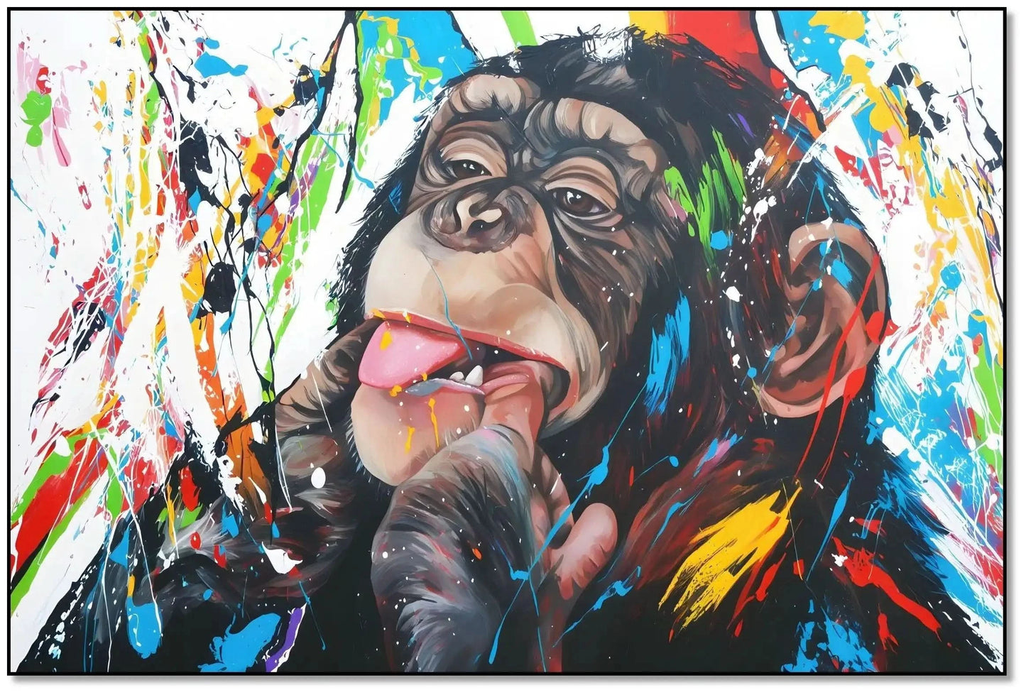 Toile Pop Art avec singe espiègle, éclaboussures multicolores, ambiance joyeuse pour salon moderne ou chambre d'enfant.