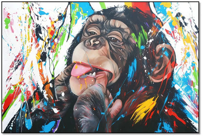 Toile Pop Art avec singe espiègle, éclaboussures multicolores, ambiance joyeuse pour salon moderne ou chambre d'enfant.