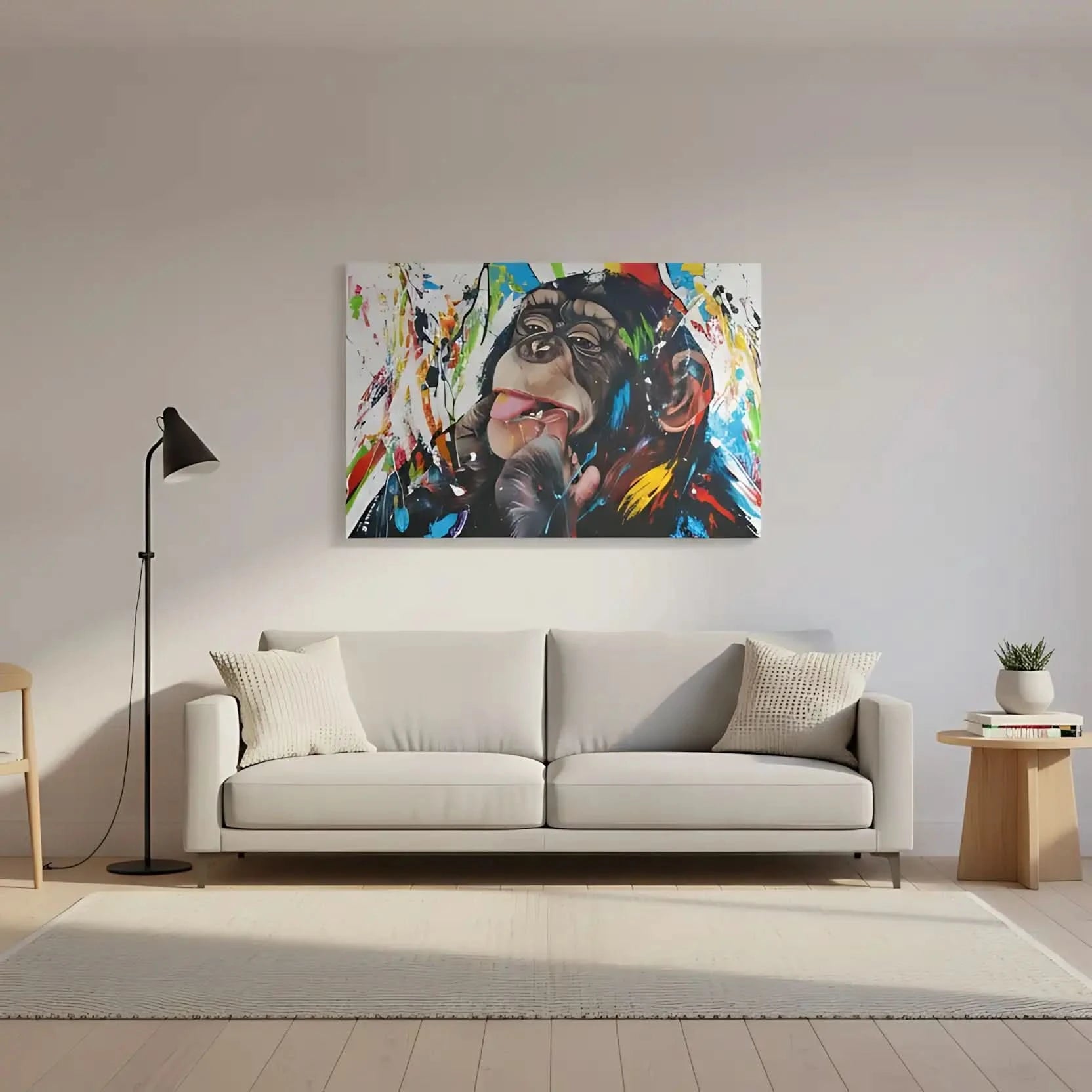 Toile Pop Art avec singe espiègle, éclaboussures multicolores, ambiance joyeuse pour salon moderne ou chambre d'enfant.