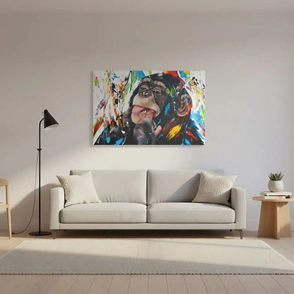 Toile Pop Art avec singe espiègle, éclaboussures multicolores, ambiance joyeuse pour salon moderne ou chambre d'enfant.