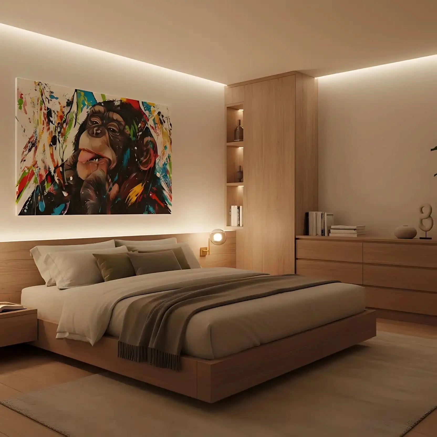 Toile Pop Art avec singe espiègle, éclaboussures multicolores, ambiance joyeuse pour salon moderne ou chambre d'enfant.