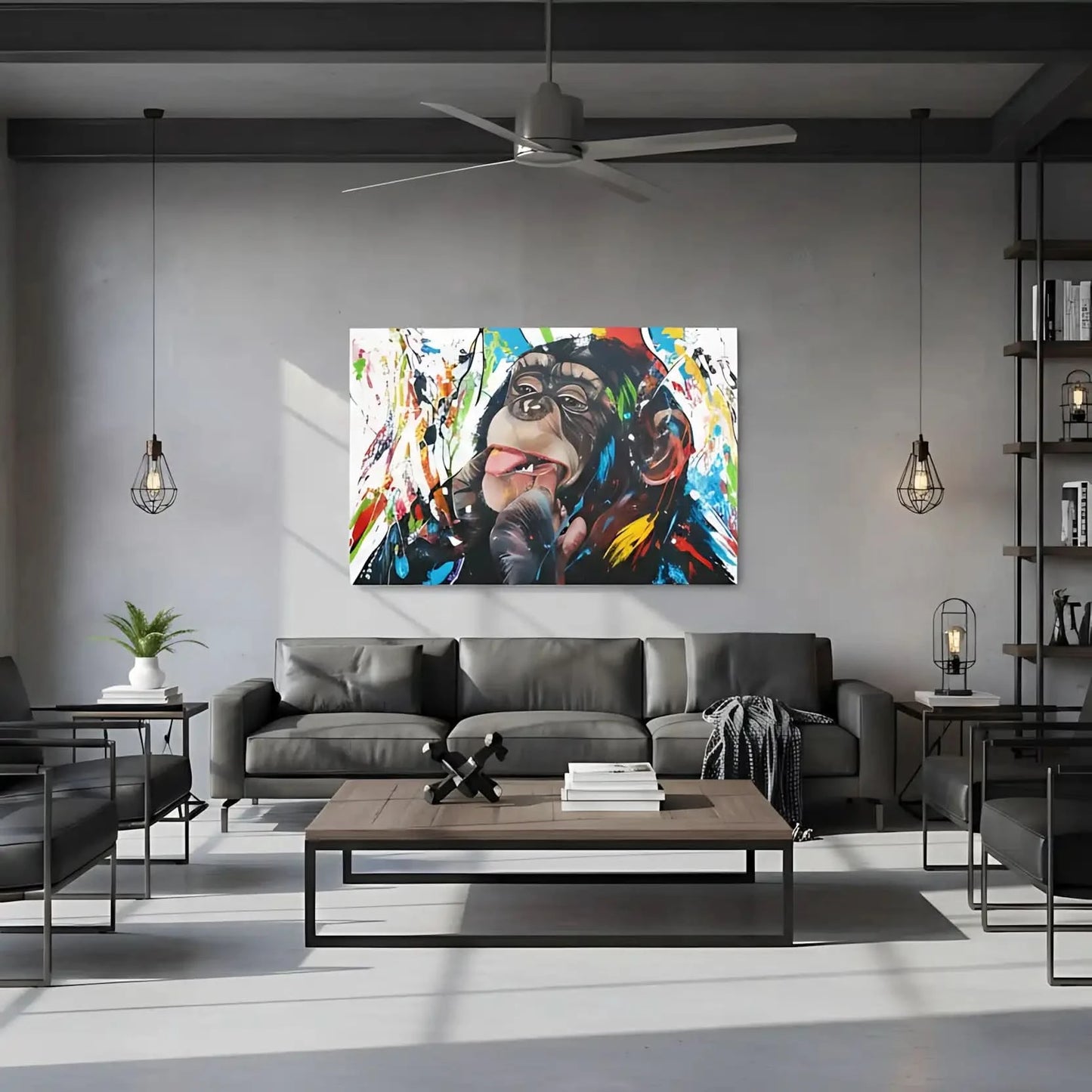 Toile Pop Art avec singe espiègle, éclaboussures multicolores, ambiance joyeuse pour salon moderne ou chambre d'enfant.