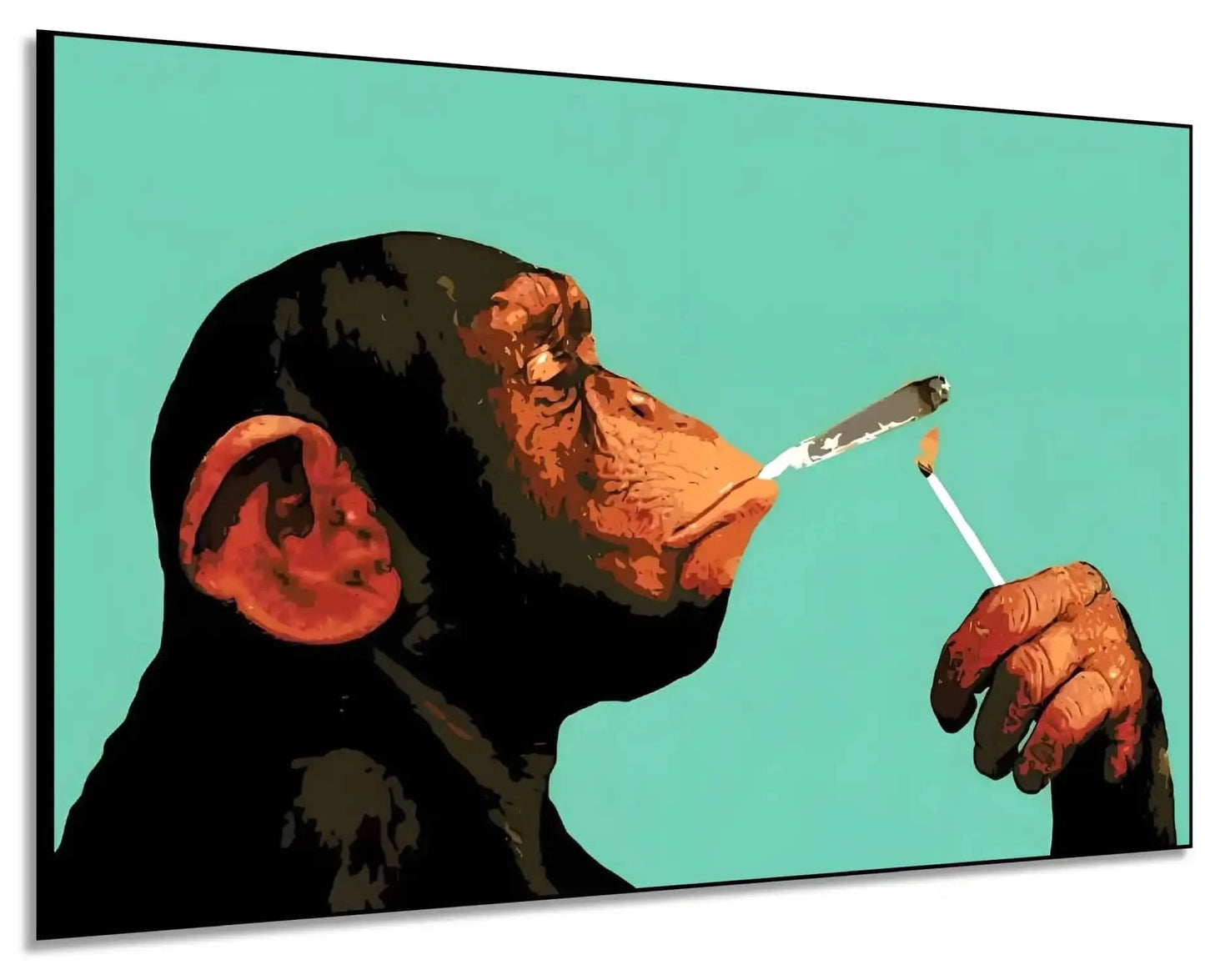 Tableau pop art d'un chimpanzé fumant, couleurs vives et style moderne, ambiance humoristique pour salon ou bureau.