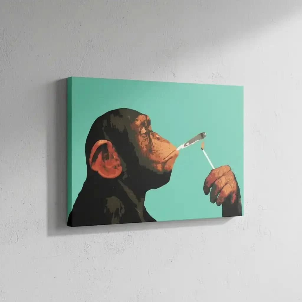 Tableau pop art d'un chimpanzé fumant, couleurs vives et style moderne, ambiance humoristique pour salon ou bureau.
