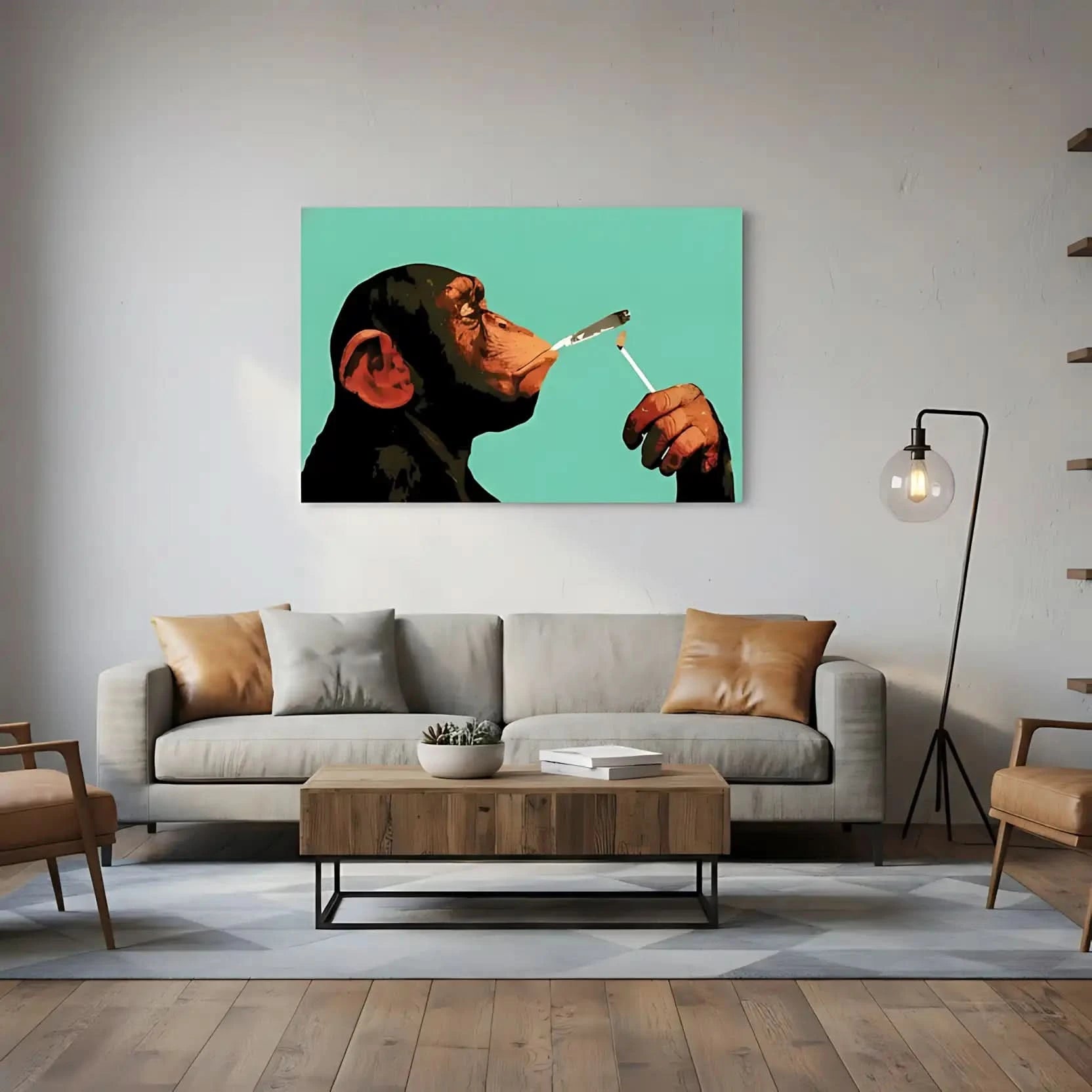 Tableau pop art d'un chimpanzé fumant, couleurs vives et style moderne, ambiance humoristique pour salon ou bureau.