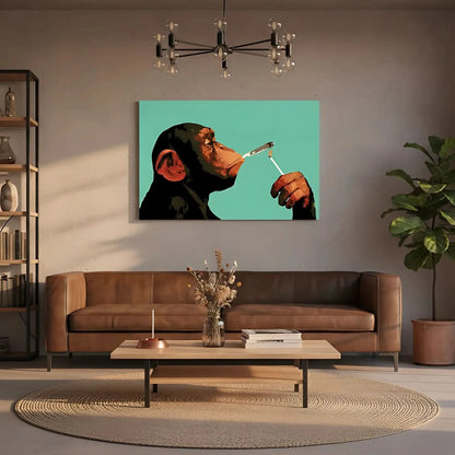 Tableau pop art d'un chimpanzé fumant, couleurs vives et style moderne, ambiance humoristique pour salon ou bureau.