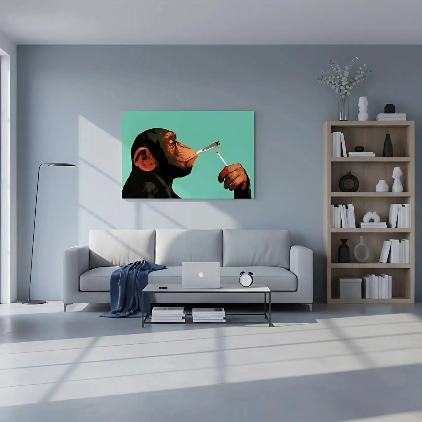 Tableau pop art d'un chimpanzé fumant, couleurs vives et style moderne, ambiance humoristique pour salon ou bureau.