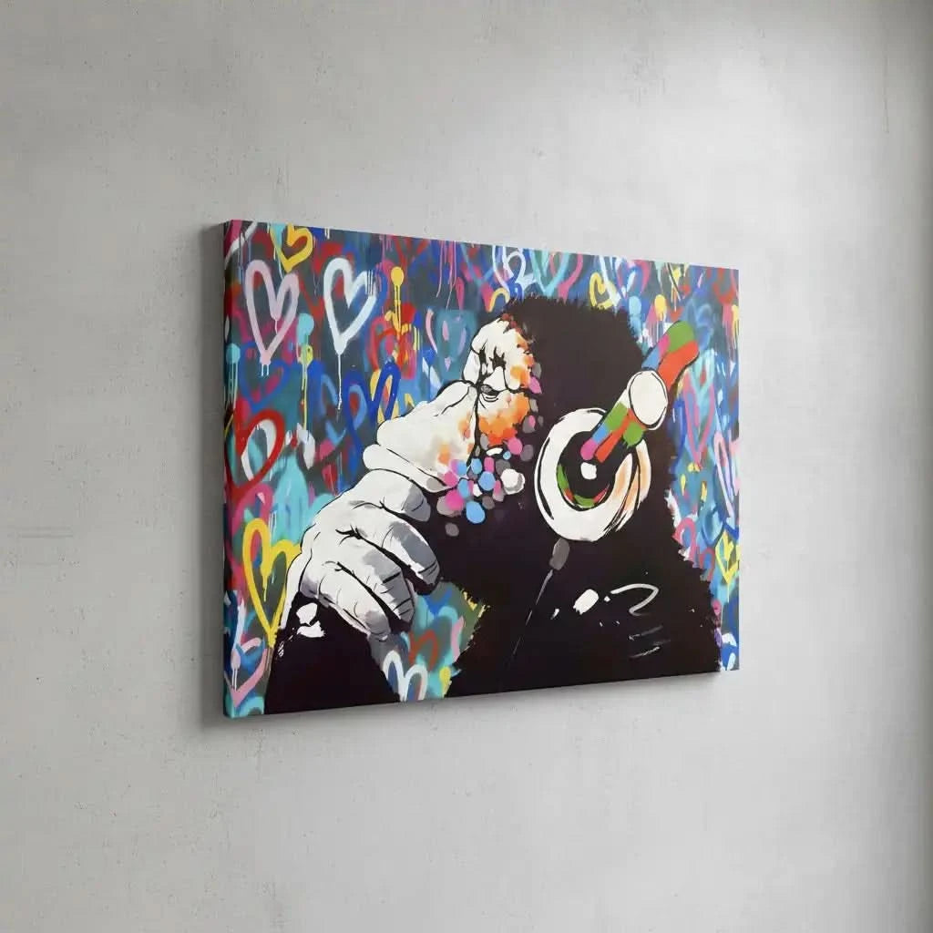 Singe pensif entouré de graffitis multicolores et coeurs éclatants, ambiance urbaine et dynamique pour salon moderne.