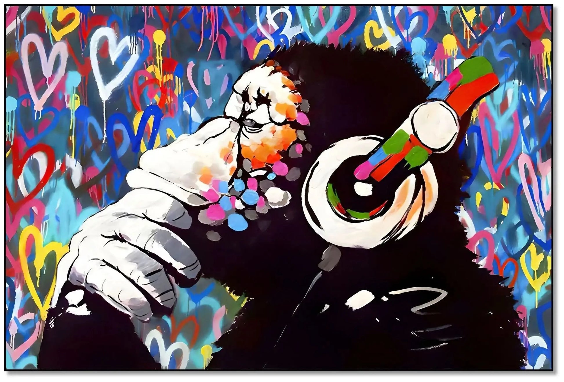 Singe pensif entouré de graffitis multicolores et cœurs éclatants, ambiance urbaine et dynamique pour salon moderne.