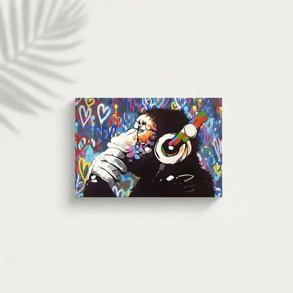 Singe pensif entouré de graffitis multicolores et coeurs éclatants, ambiance urbaine et dynamique pour salon moderne.