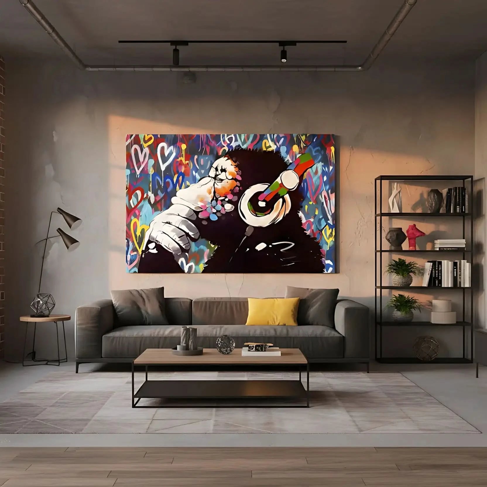 Singe pensif entouré de graffitis multicolores et coeurs éclatants, ambiance urbaine et dynamique pour salon moderne.