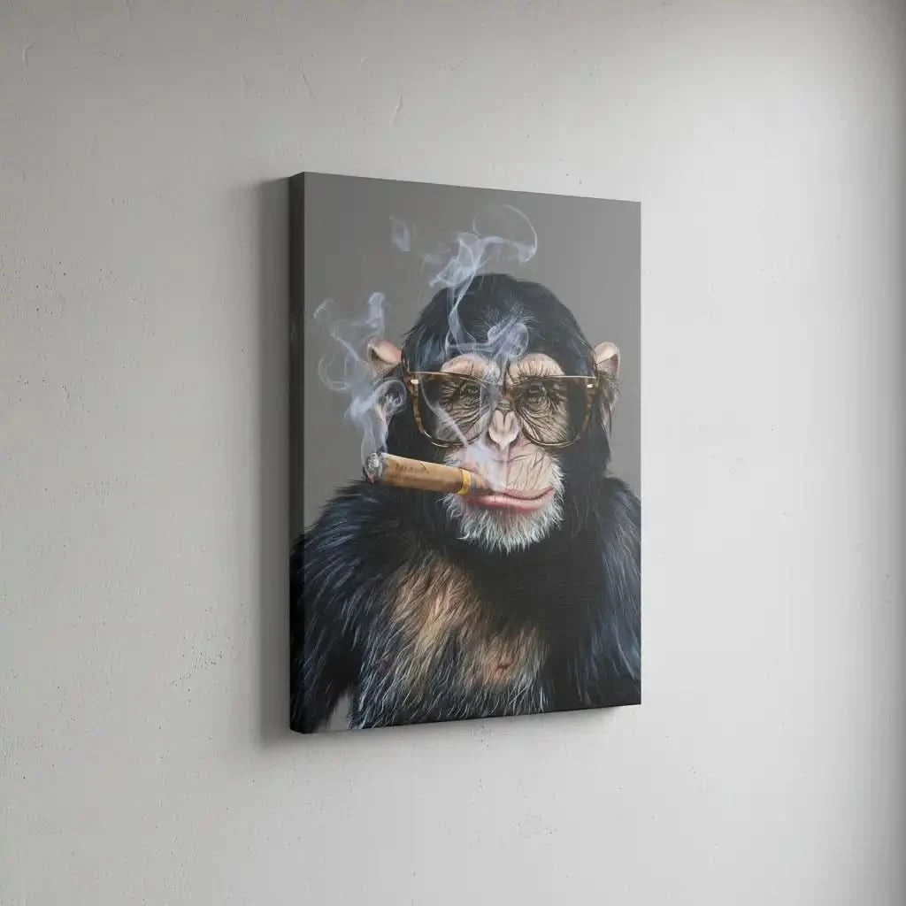 Portrait d'un singe avec lunettes fumant un cigare, ambiance chic et mystique, idéal pour salon ou bureau moderne.