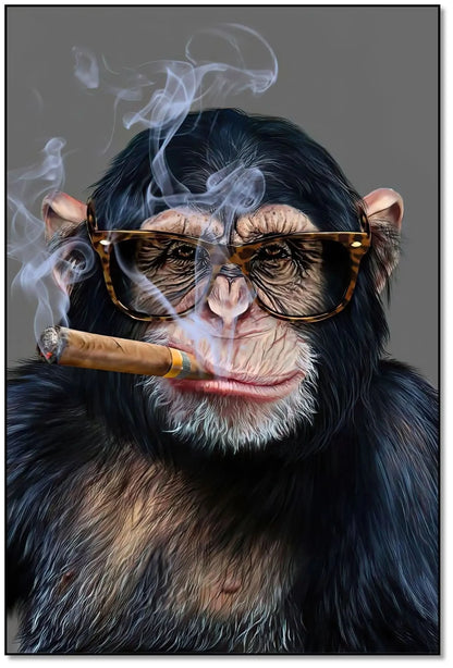 Portrait d'un singe avec lunettes fumant un cigare, ambiance chic et mystique, idéal pour salon ou bureau moderne.
