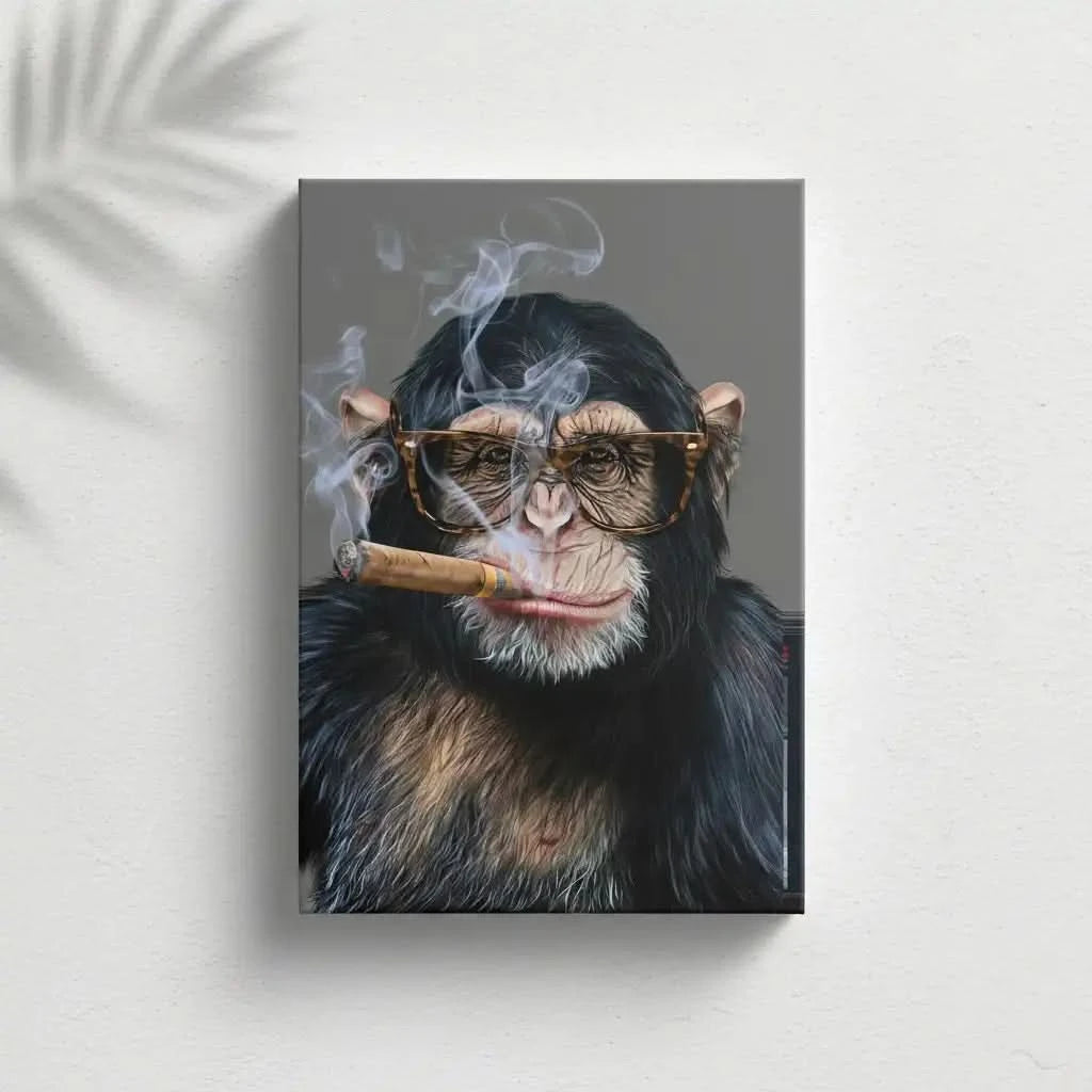 Portrait d'un singe avec lunettes fumant un cigare, ambiance chic et mystique, idéal pour salon ou bureau moderne.