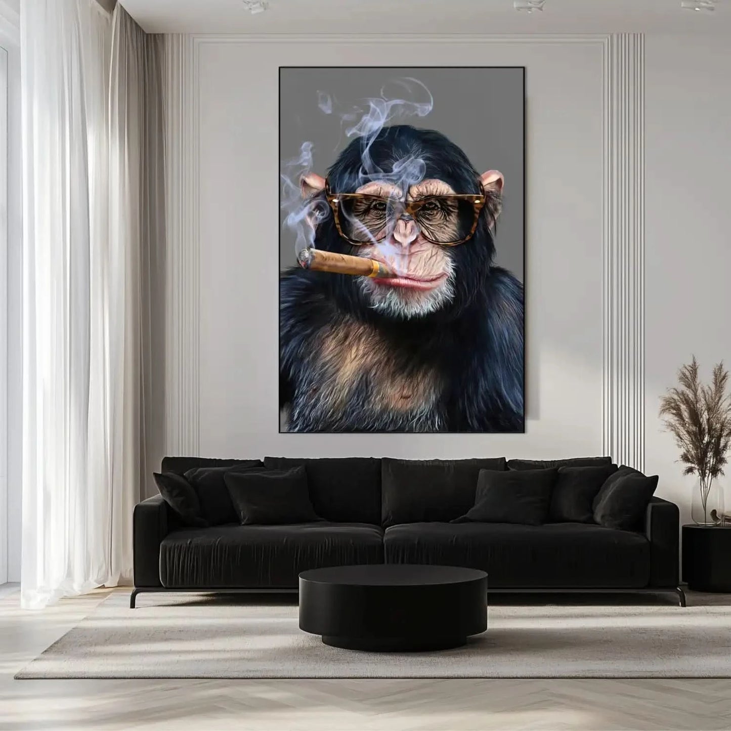 Portrait d'un singe avec lunettes fumant un cigare, ambiance chic et mystique, idéal pour salon ou bureau moderne.