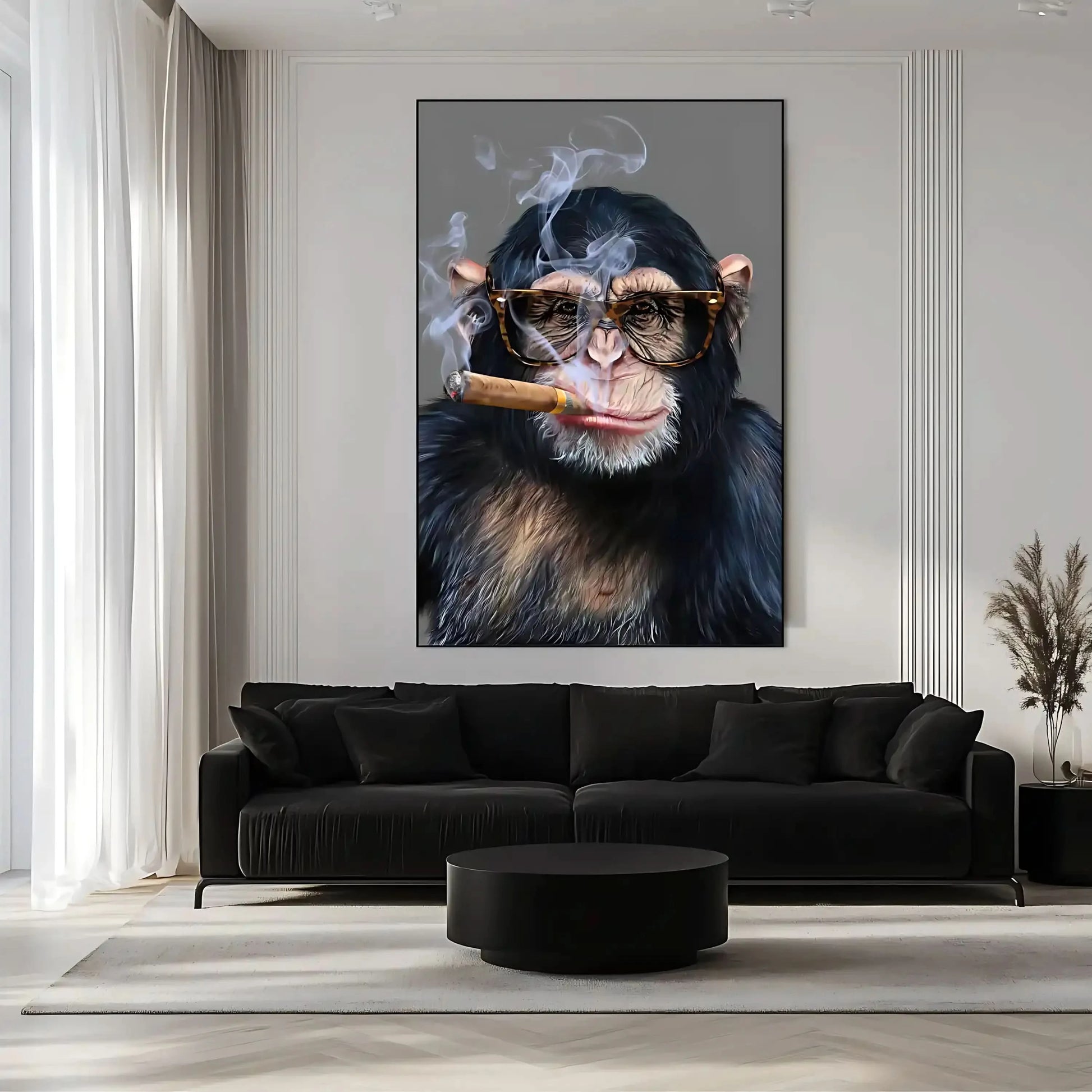 Portrait d'un singe avec lunettes fumant un cigare, ambiance chic et mystique, idéal pour salon ou bureau moderne.