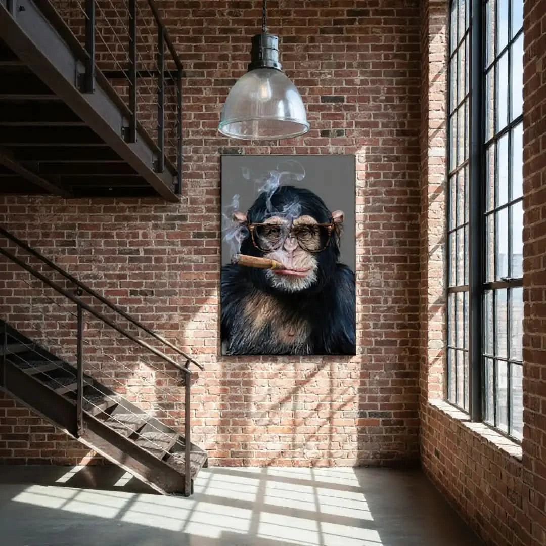 Portrait d'un singe avec lunettes fumant un cigare, ambiance chic et mystique, idéal pour salon ou bureau moderne.