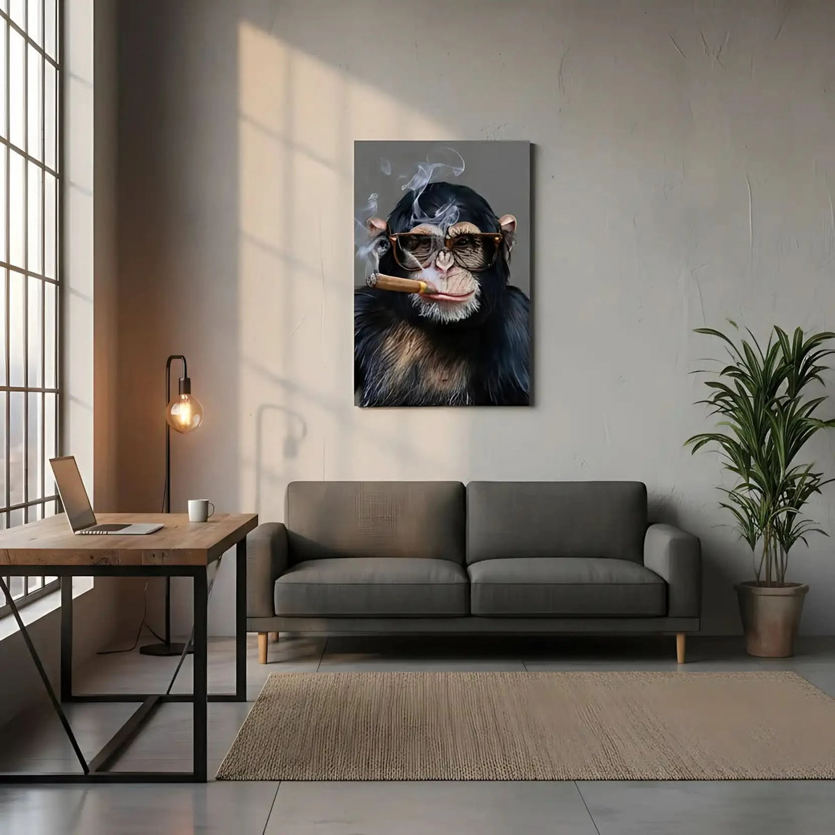 Portrait d'un singe avec lunettes fumant un cigare, ambiance chic et mystique, idéal pour salon ou bureau moderne.