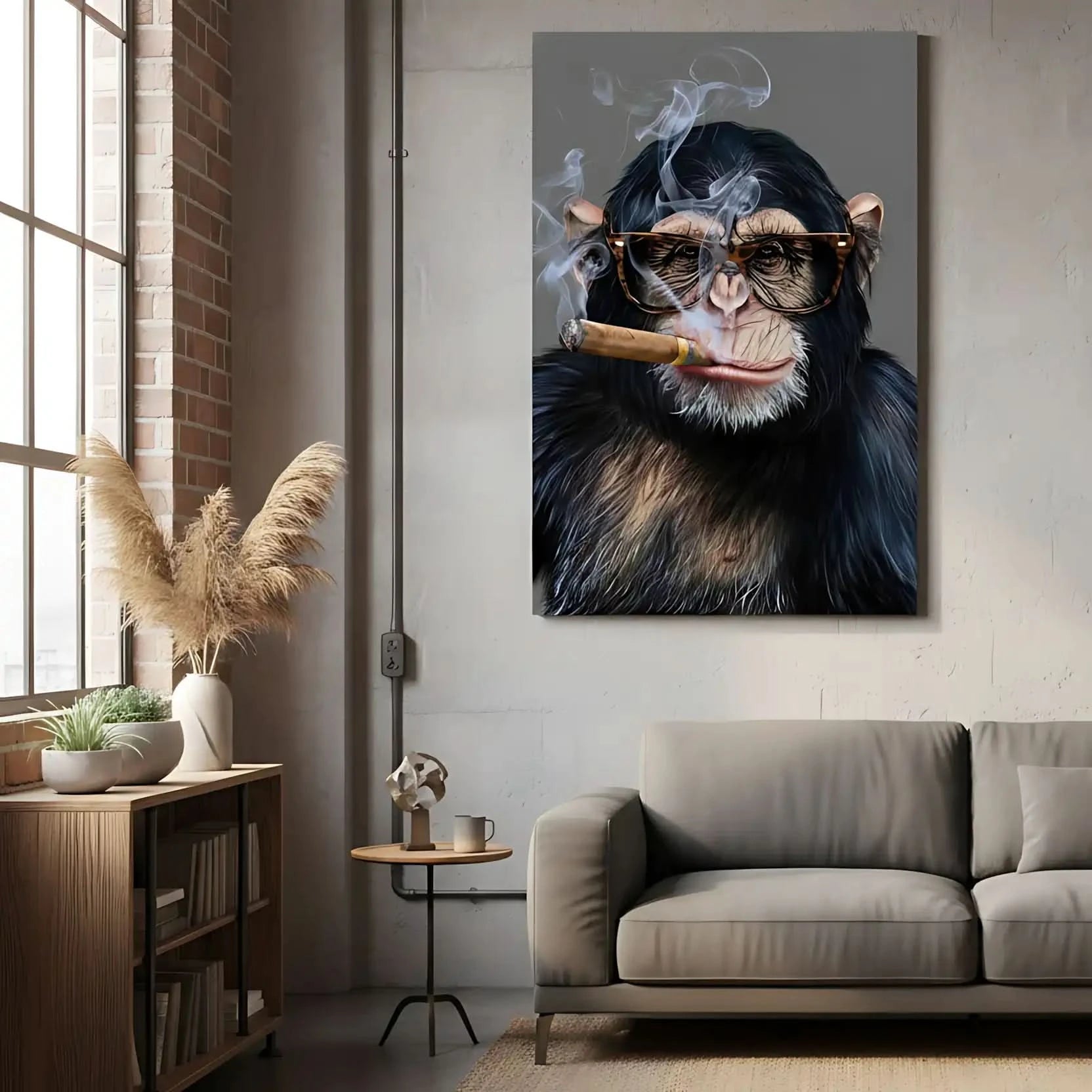 Portrait d'un singe avec lunettes fumant un cigare, ambiance chic et mystique, idéal pour salon ou bureau moderne.