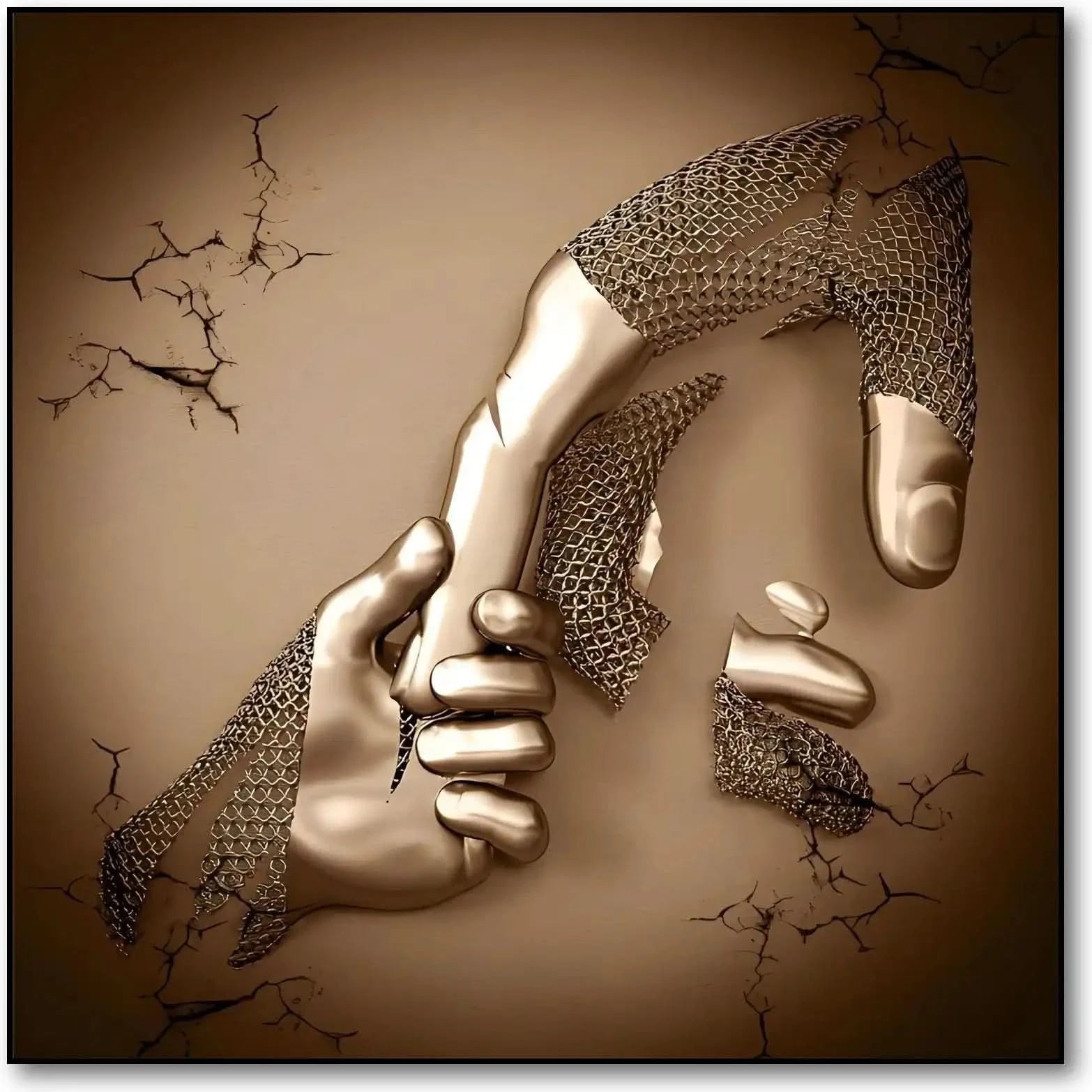 Une main dorée attrape une main cassée dans un tableau abstrait carré; or et beige évoquent solidarité et vitalité.