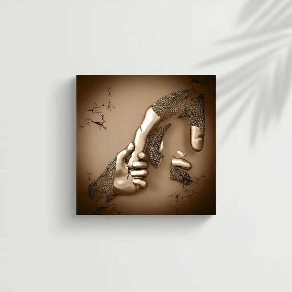 Une main dorée attrape une main cassée dans un tableau abstrait carré; or et beige évoquent solidarité et vitalité.