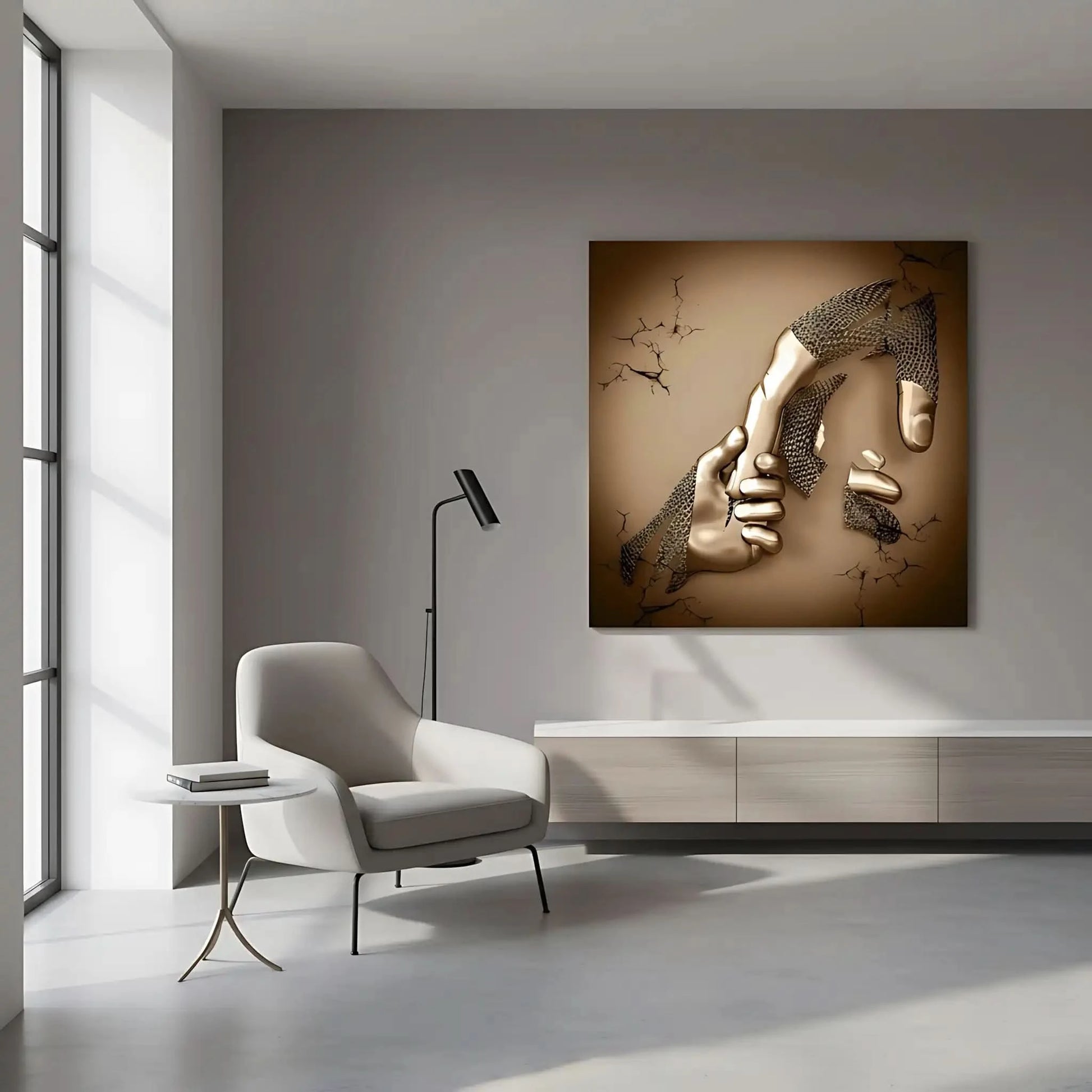 Une main dorée attrape une main cassée dans un tableau abstrait carré; or et beige évoquent solidarité et vitalité.