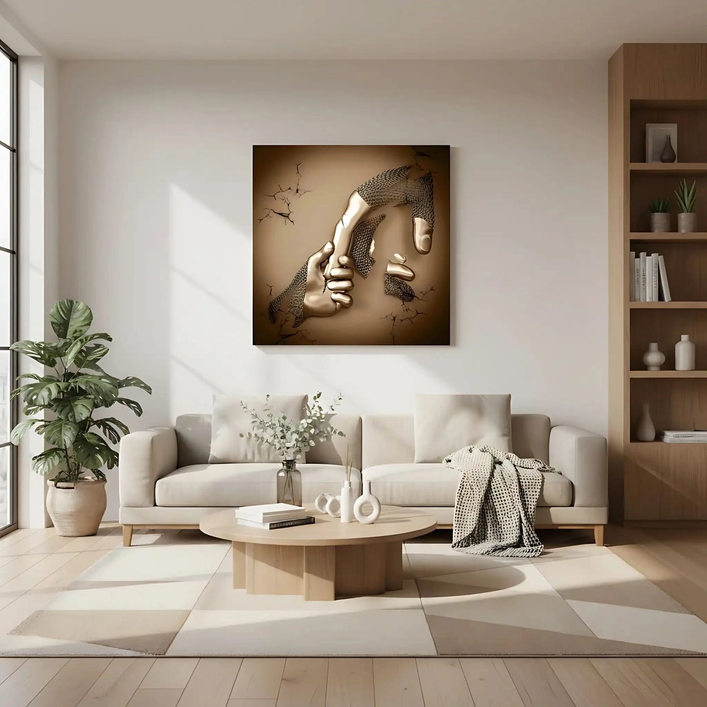 Une main dorée attrape une main cassée dans un tableau abstrait carré; or et beige évoquent solidarité et vitalité.