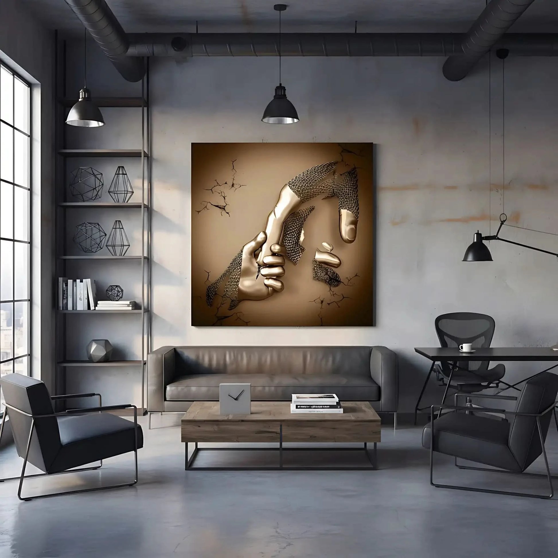 Une main dorée attrape une main cassée dans un tableau abstrait carré; or et beige évoquent solidarité et vitalité.