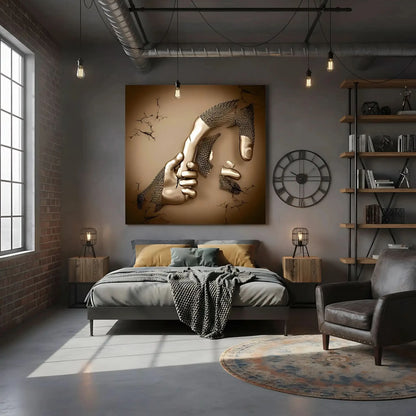 Une main dorée attrape une main cassée dans un tableau abstrait carré; or et beige évoquent solidarité et vitalité.