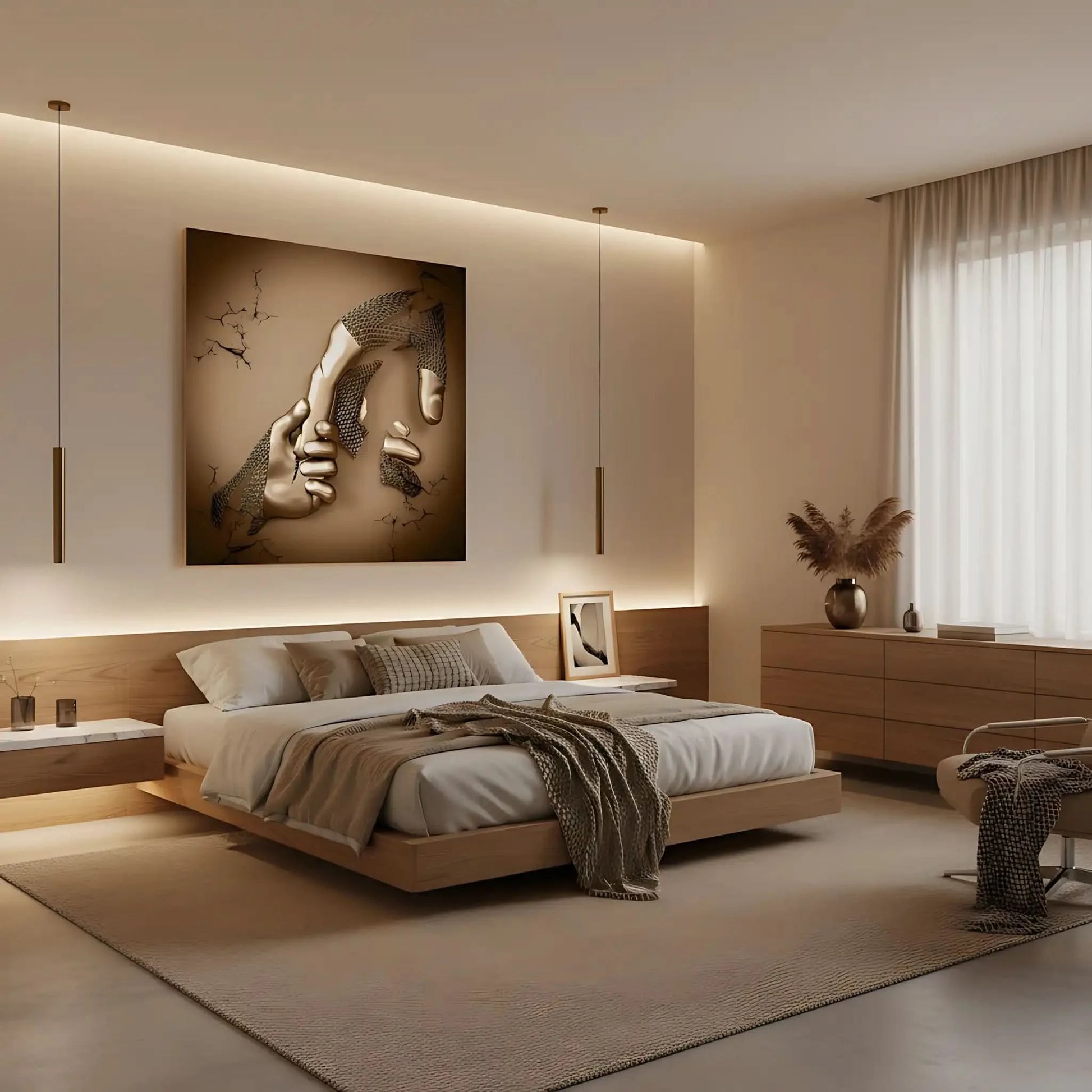 Une main dorée attrape une main cassée dans un tableau abstrait carré; or et beige évoquent solidarité et vitalité.