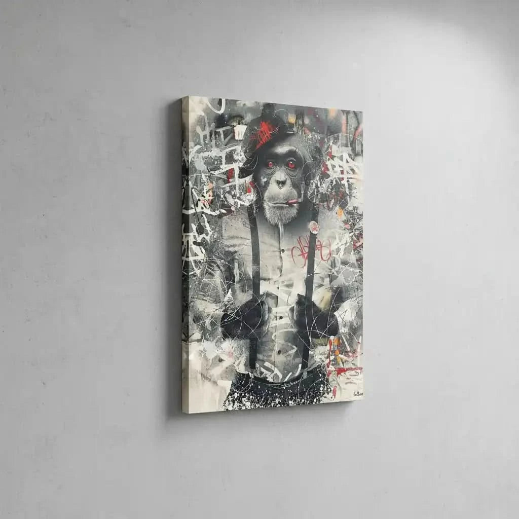 Singe au regard perçant entouré de graffitis, nuances de gris et éclats de rouge, ambiance urbaine et rebelle.