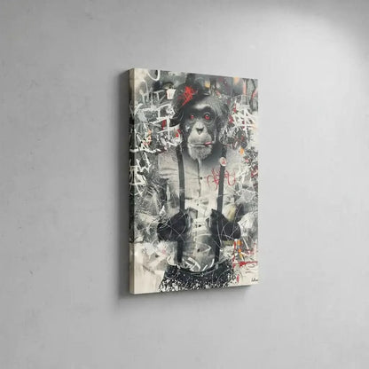 Singe au regard perçant entouré de graffitis, nuances de gris et éclats de rouge, ambiance urbaine et rebelle.