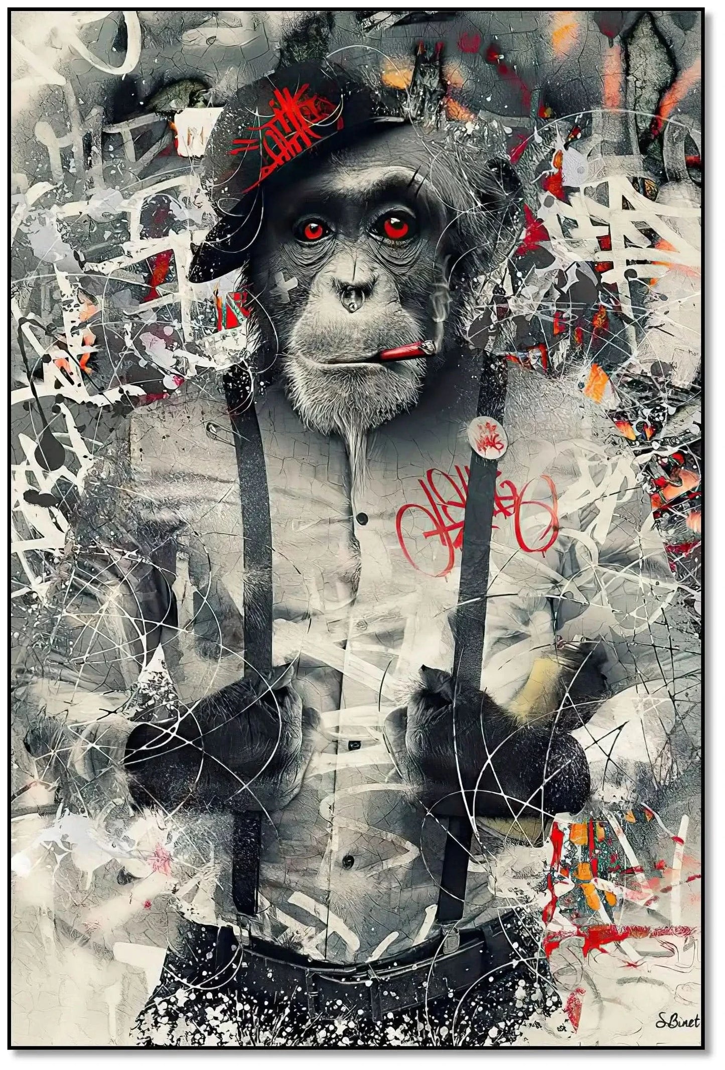 Singe au regard perçant entouré de graffitis, nuances de gris et éclats de rouge, ambiance urbaine et rebelle.