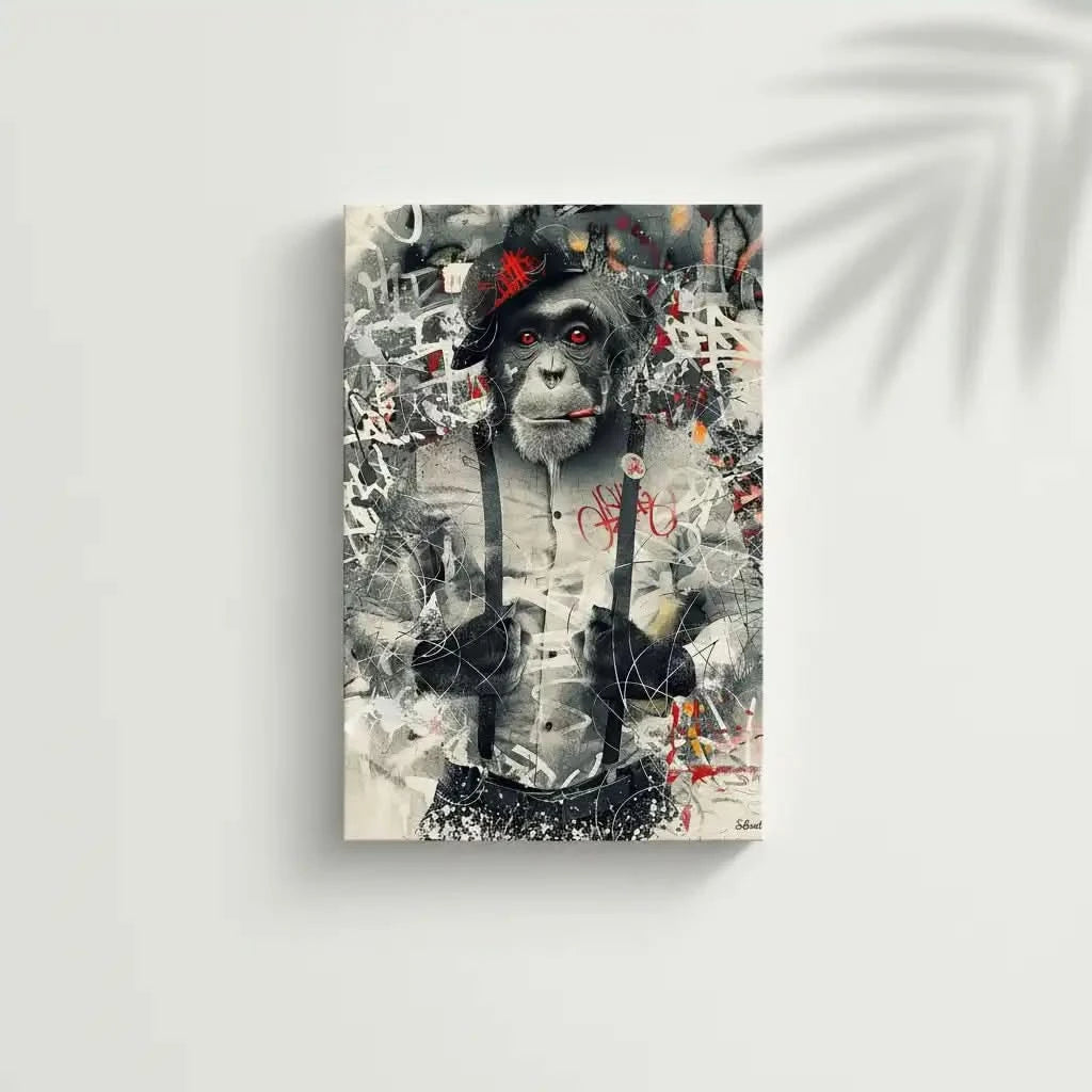 Singe au regard perçant entouré de graffitis, nuances de gris et éclats de rouge, ambiance urbaine et rebelle.