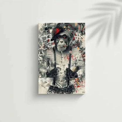 Singe au regard perçant entouré de graffitis, nuances de gris et éclats de rouge, ambiance urbaine et rebelle.