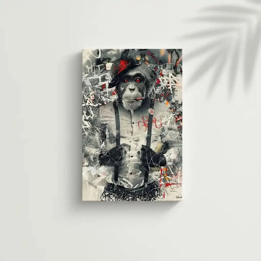 Singe au regard perçant entouré de graffitis, nuances de gris et éclats de rouge, ambiance urbaine et rebelle.