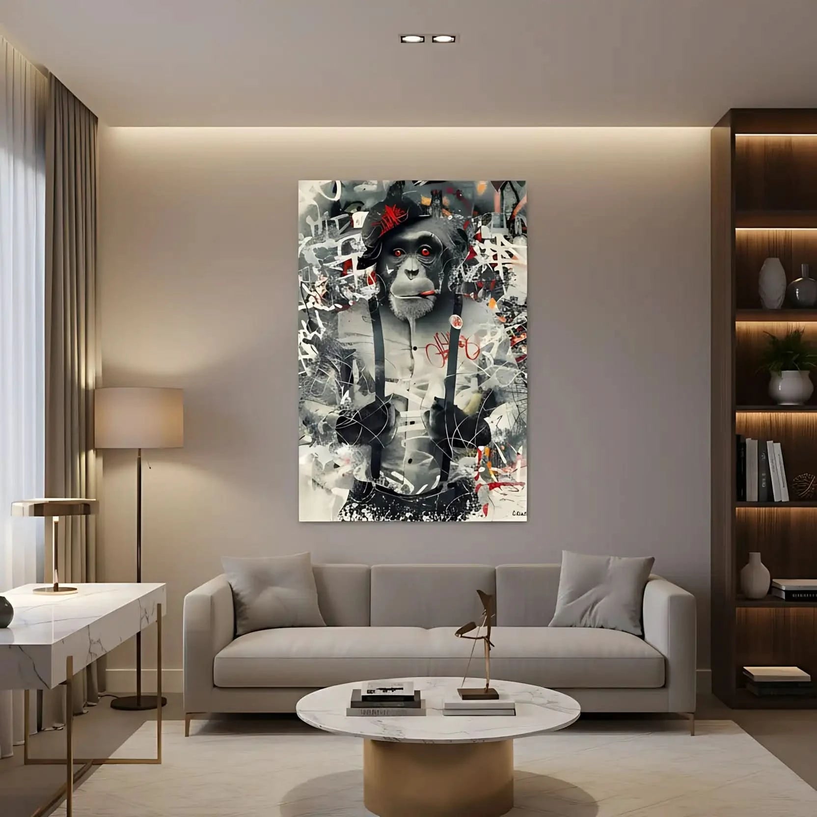 Singe au regard perçant entouré de graffitis, nuances de gris et éclats de rouge, ambiance urbaine et rebelle.