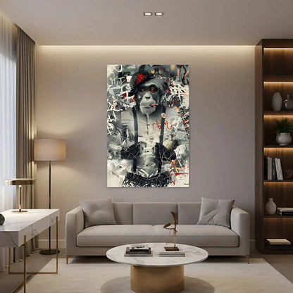 Singe au regard perçant entouré de graffitis, nuances de gris et éclats de rouge, ambiance urbaine et rebelle.