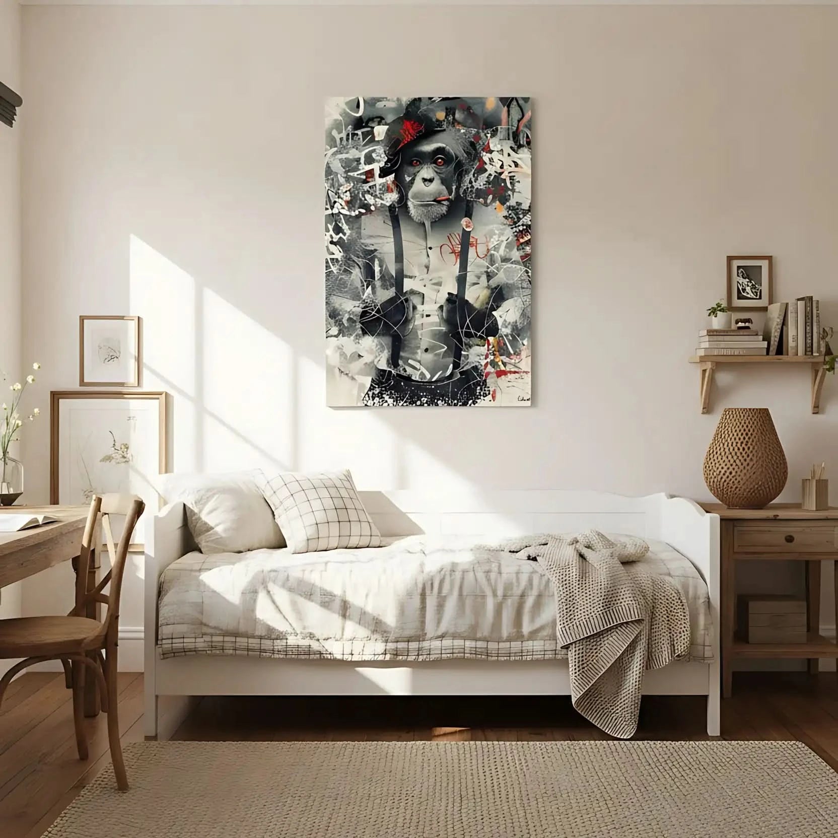 Singe au regard perçant entouré de graffitis, nuances de gris et éclats de rouge, ambiance urbaine et rebelle.